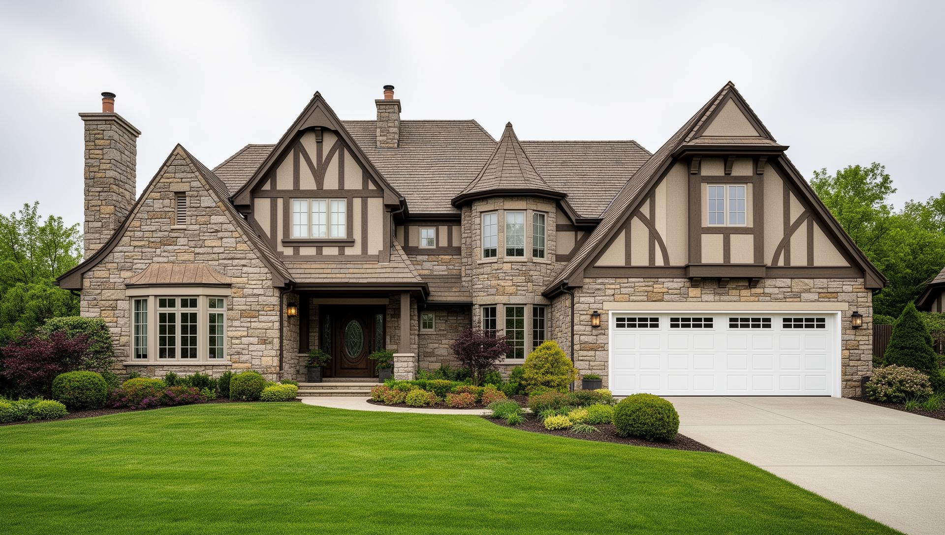 Beautiful Tudor home with white garage doors in Worcester MA