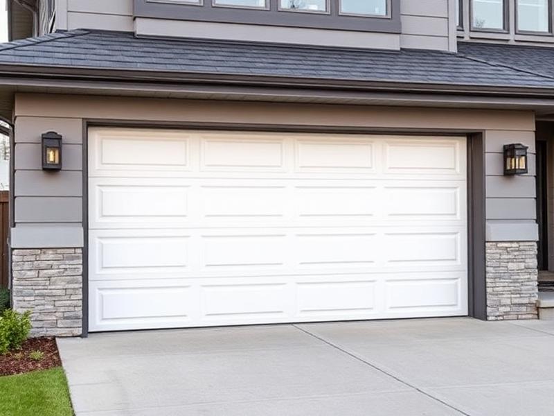 Professional installing white raised panel garage door on Tudor-style home in Worcester MA