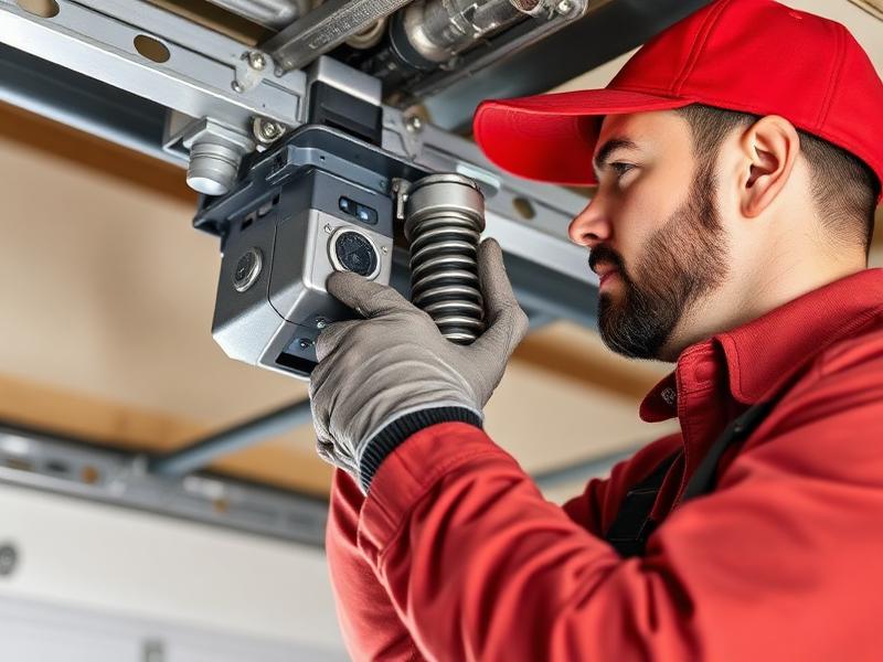 Close-up of garage door panel repair showing technician fixing dented white steel panel